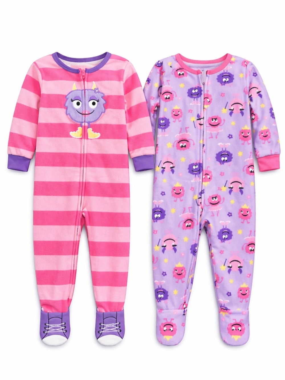 Kids Headquarters Girls 18M Fleece Footed Pajamas 2-Pack Pink Purple Monsters